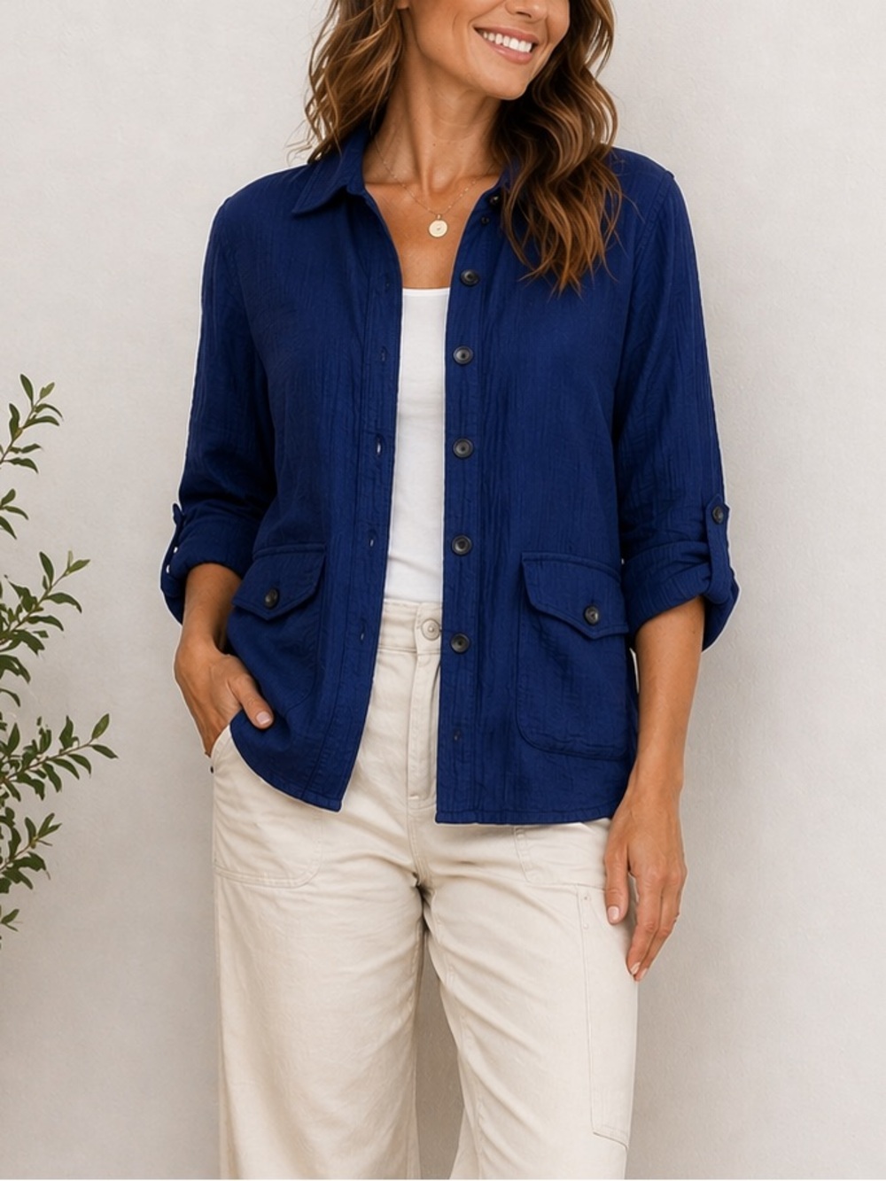 By JJ Blue Cotton Gauze Button Front Utility Shirt Jacket Women’s Size M Casual